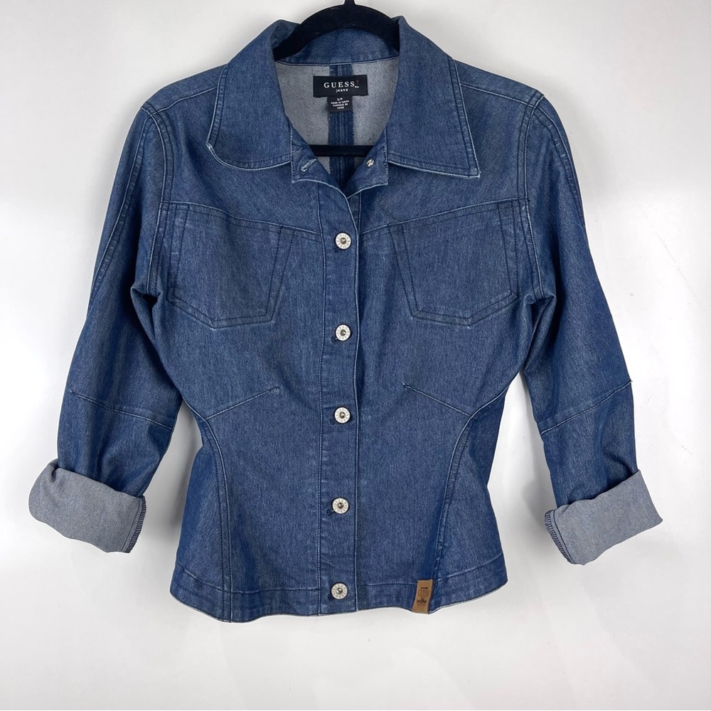 Vintage Y2K Guess Denim Jacket Fitted Blue Jean Women’s Size Small Button Front